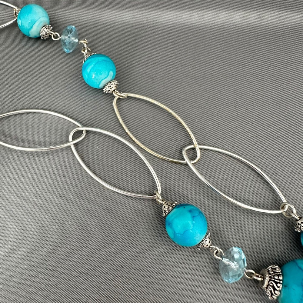 Southwest Paulus Silver Tone Turquoise Marbled Bead Necklace Earring Set 30 Inch - Picture 6 of 10